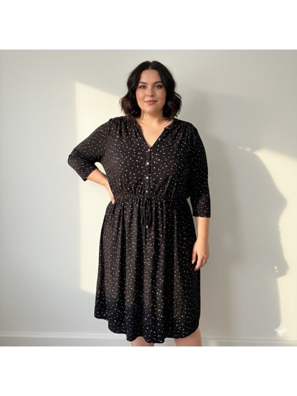 Penningtons Navy Blue 3/4 Sleeves Knee Length Polka Dot Dress Stretchy Size 3X